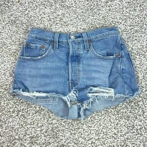 Levis 501 Shorts Womens 24 Blue Denim High Rise Distressed Button Fly Cutoff